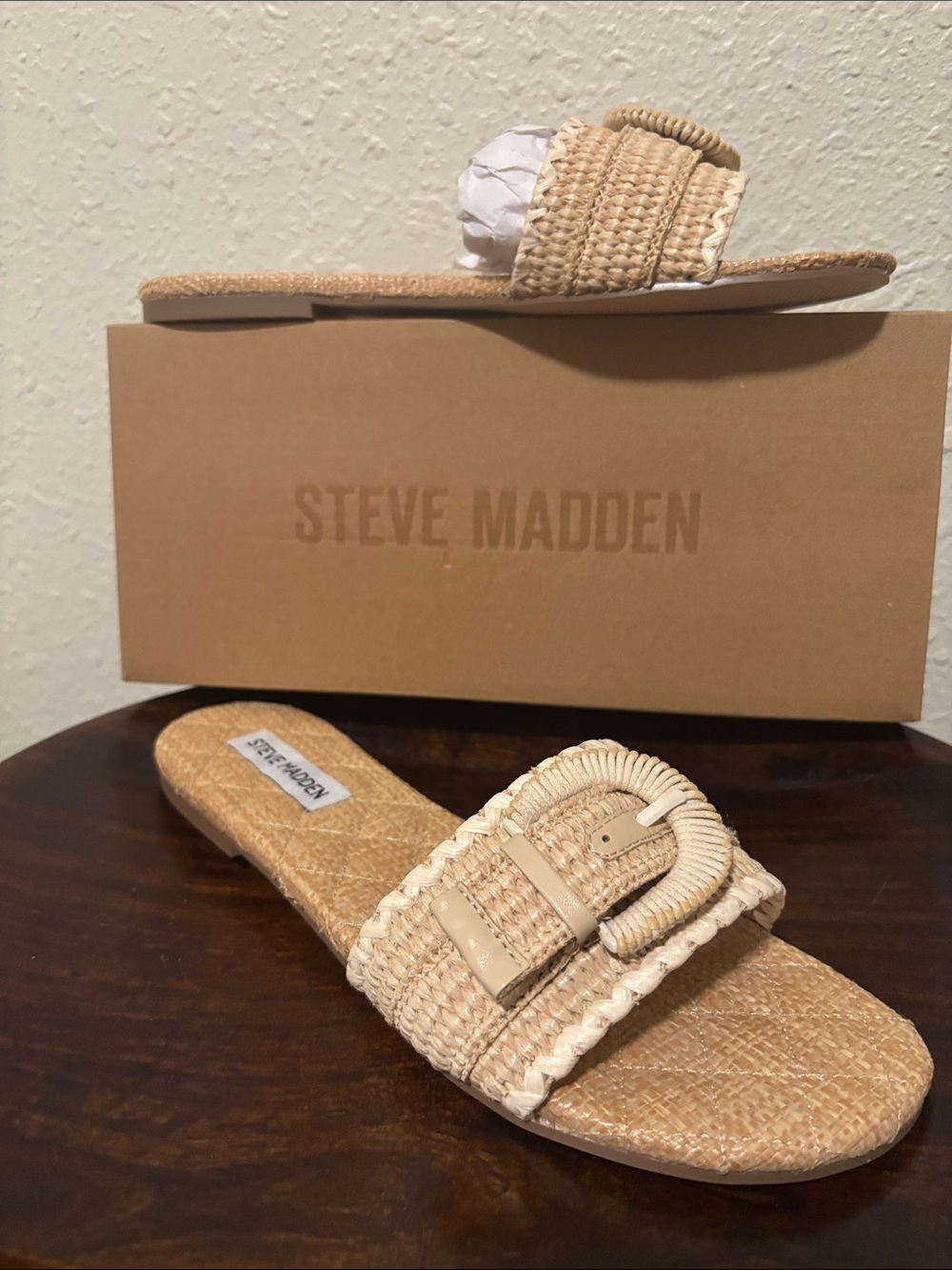 Steve Madden Beige Braided Buckle Slide Sandals